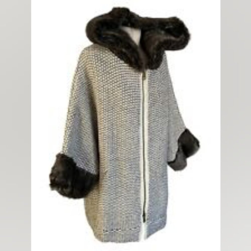 Zara Gray Knit Coatigan with Dark Brown Faux Fur Trim